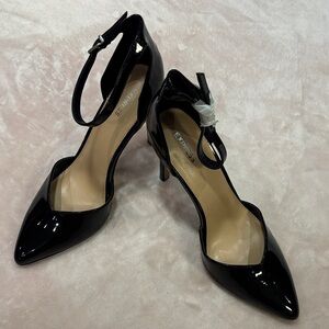 New Express Black Glossy Heels with Ankle Strap